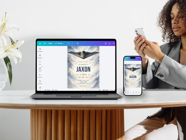 Printable airplane birthday invitation template in a portrait layout, combining a dark jet silhouette, soft clouds, navy text and subtle gold accents.