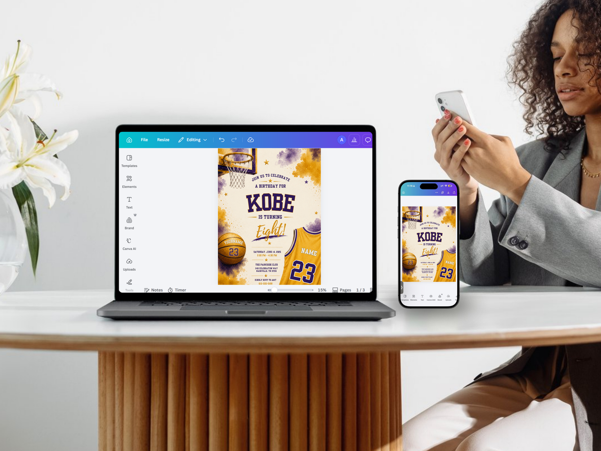 Digital basketball birthday invitation template with a sporty watercolor look, purple and gold colors, basketball motifs, star accents, and customizable party wording.