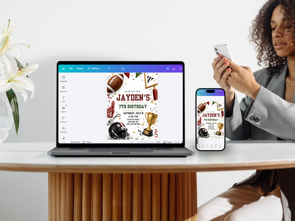 Game-day sports birthday invitation with football, black helmet, gold trophy, foam finger, whistle, stars, pennants, and bold lettering