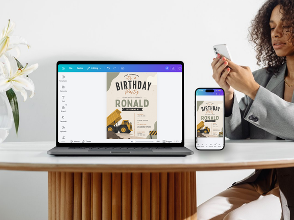 Editable dump truck birthday invitation template featuring construction machinery, olive green accents, tan and yellow details, and playful job-site party styling.