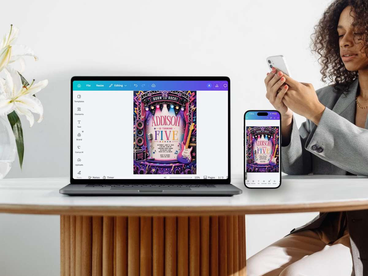 Colorful concert birthday invitation featuring a rock stage, electric guitar, microphone, speakers, stars and music-inspired details.