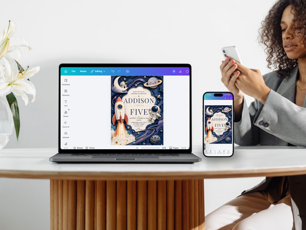 Space-themed birthday invitation template with ringed planet, moon, rocket, astronaut and layered celestial illustration.