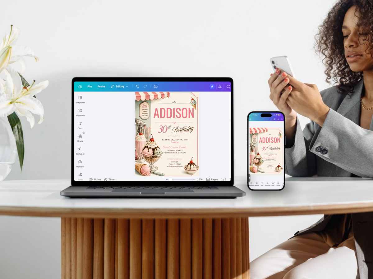 Vintage sundae birthday invitation template for an ice cream-themed party with pastel colors and dessert-shop motifs.
