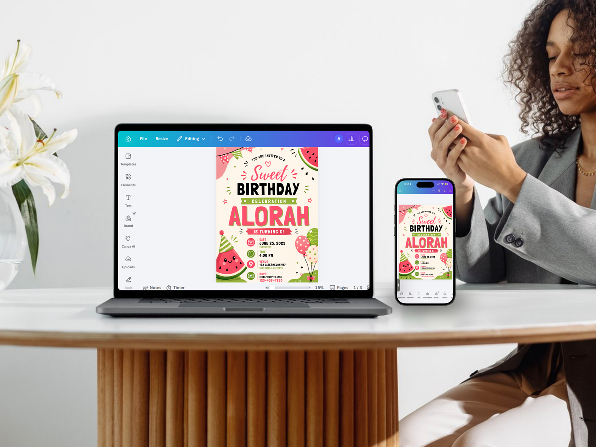 Fruit themed watermelon birthday invite in a colorful portrait layout with party decorations and editable celebration details