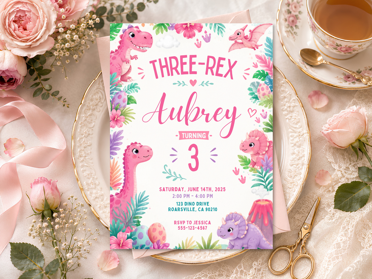 Portrait Three-Rex dinosaur birthday invitation design in a pink, mint, teal, coral, and lavender palette with friendly dinosaurs and floral accents.