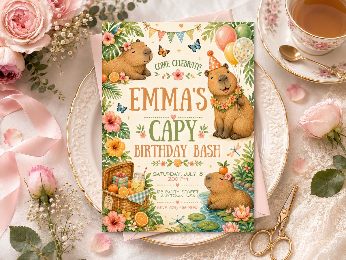 Capybara birthday template artwork with playful typography, watercolor animal illustrations, greenery, party bunting and floral accents