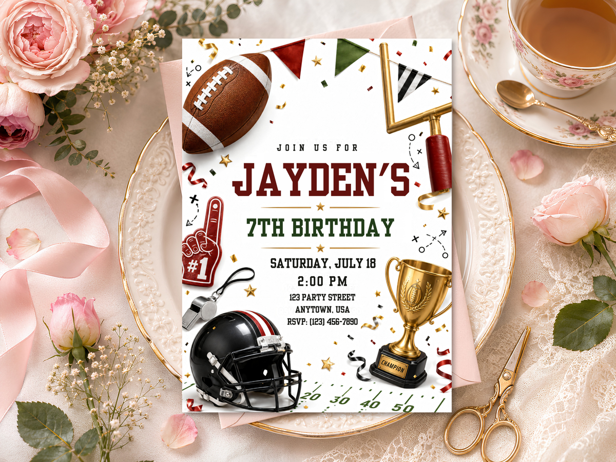 Kids football birthday invite template with brown football, field markings, helmet, trophy, pennants, confetti, and sporty red and green accents