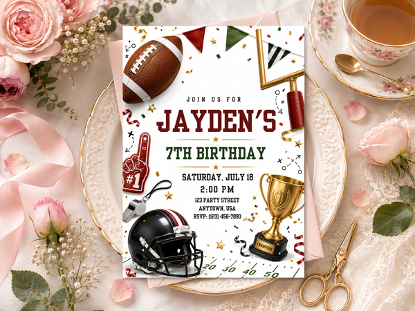 Editable football birthday party invite with red and green lettering, football gear, trophy, foam finger, whistle, and game-day motifs