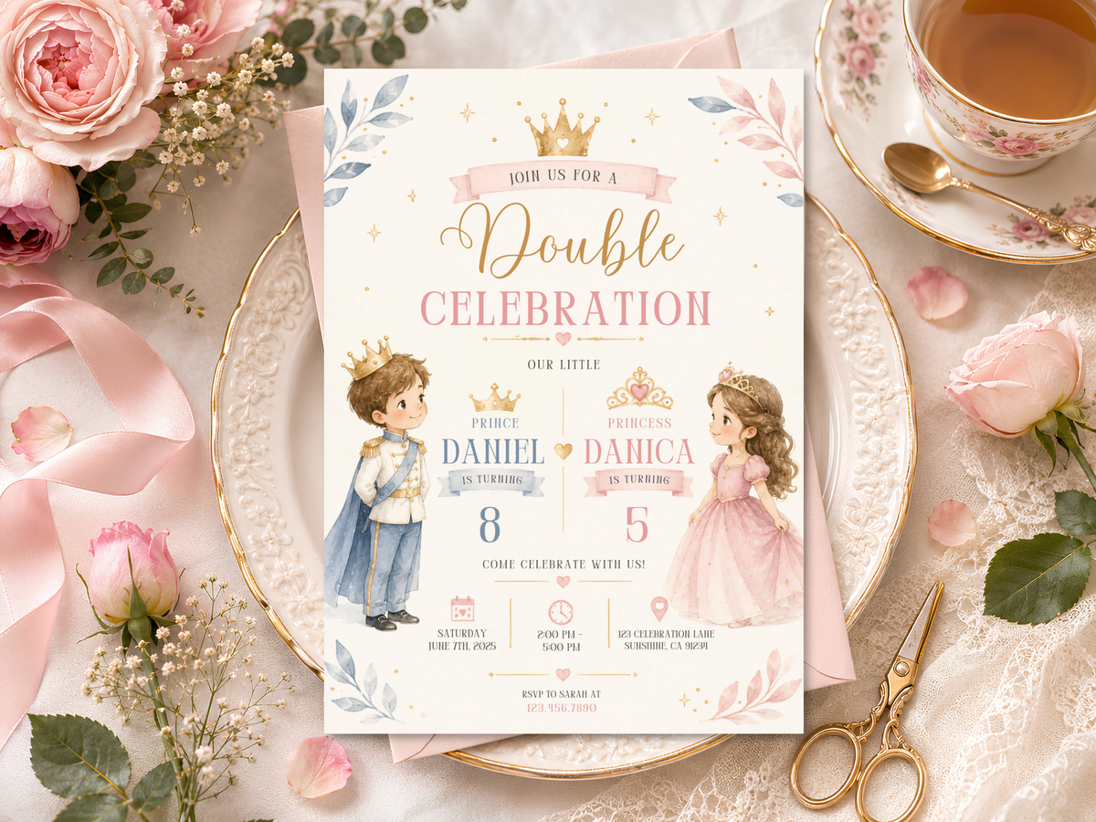 Prince and princess birthday celebration invitation with blush pink and blue details, gold crowns, floral branches and a soft ivory background.