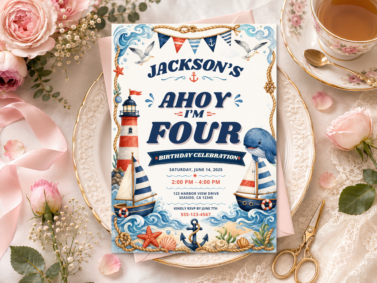 Nautical birthday invitation artwork with hand-painted coastal details, dolphin and lighthouse