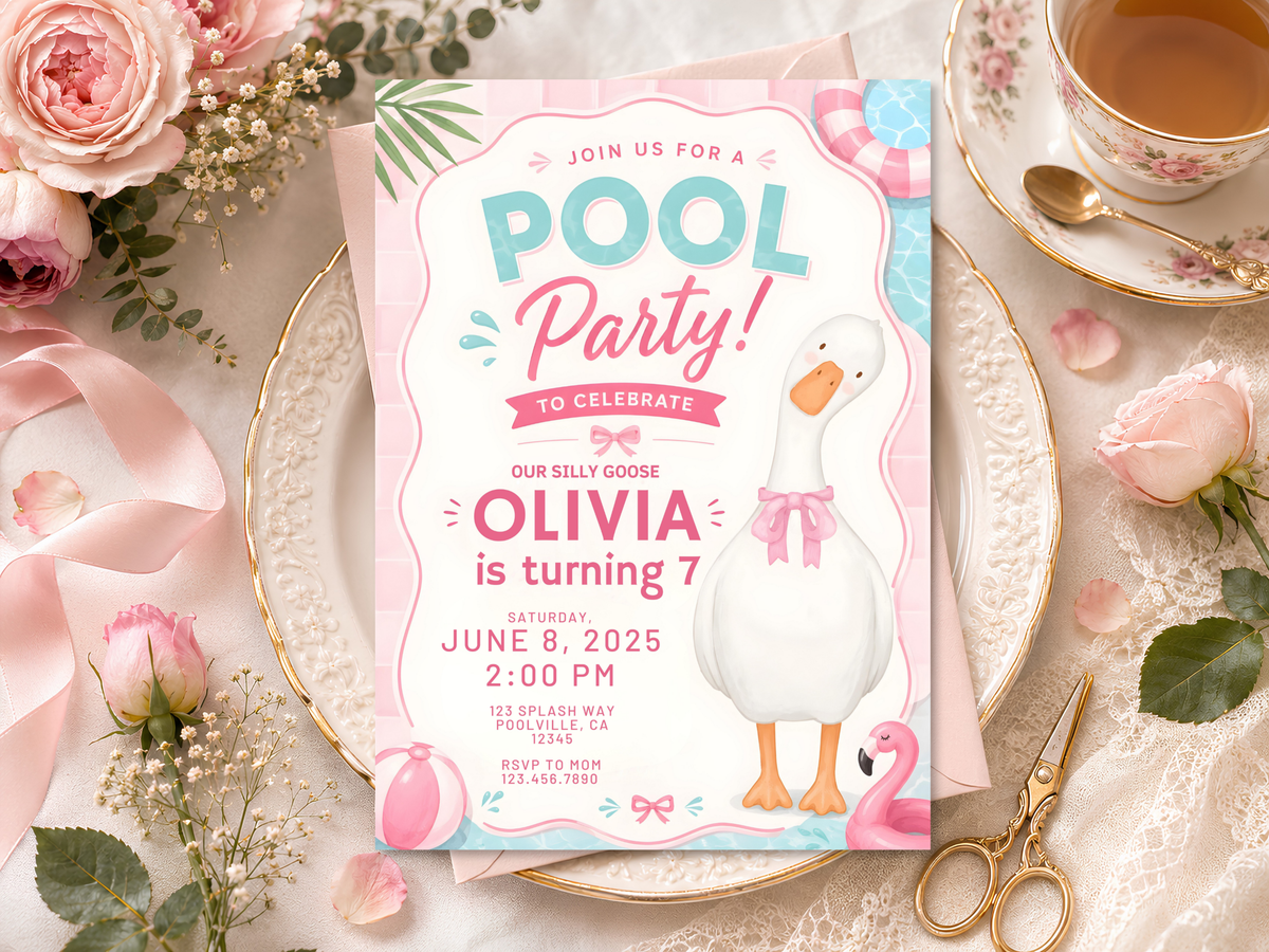 Editable tropical pool party invitation artwork for a child’s birthday, featuring a white goose, pink flamingo, pastel pool accessories, tropical leaves and colorful confetti.