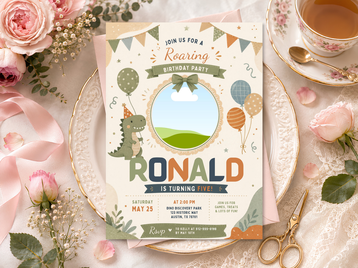Editable Canva dinosaur birthday invitation with playful prehistoric artwork, portrait orientation, party details area, balloons, and leafy accents.