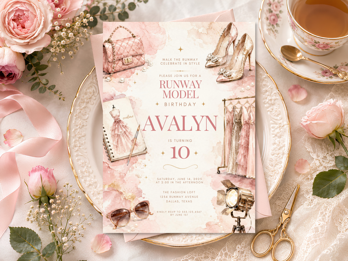 Chic runway birthday invitation design in blush, cream and dusty rose watercolor tones with fashion accessories