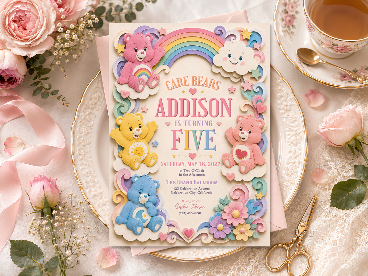 Editable kids birthday invitation featuring Care Bears characters, a pastel rainbow, smiling cloud, colorful stars, hearts, swirls, and flower accents.