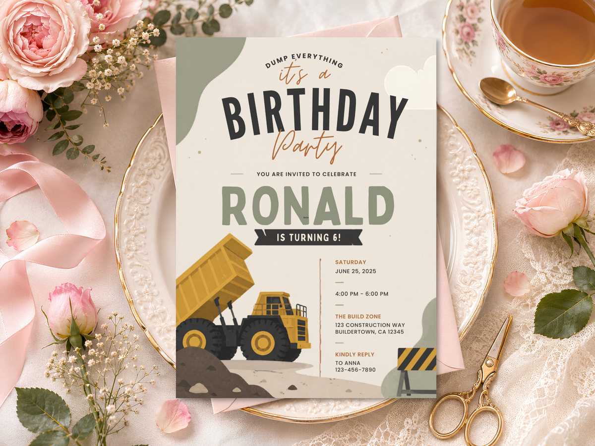 Kids construction party invitation with yellow dump truck artwork, roadwork motifs, safety elements, warm beige tones, and bold birthday typography.
