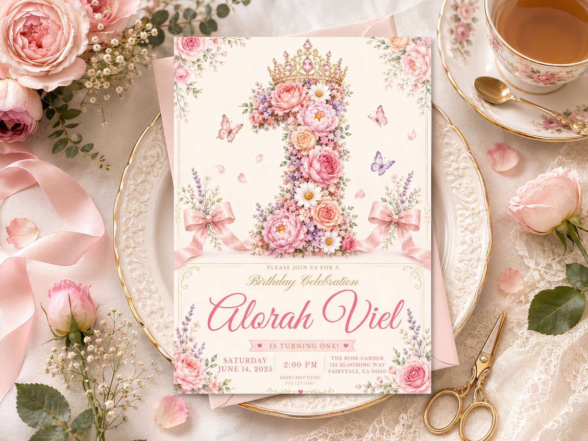 Romantic floral butterfly birthday invitation template with pastel roses, purple blossoms, delicate butterflies, pink bows, and elegant celebration lettering.