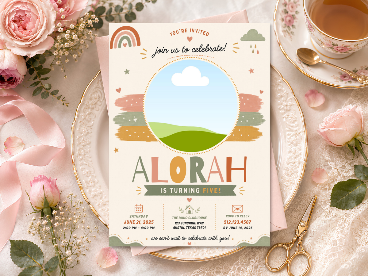 Rainbow birthday invitation template with cheerful pastel artwork, hand-painted brushstrokes, landscape illustration and customizable celebration details.