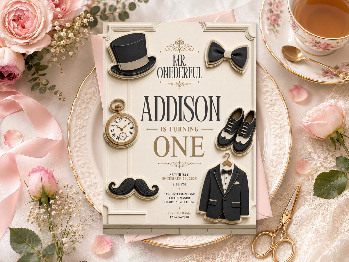 5 × 7 portrait birthday invitation template in a refined vintage gentleman style with ivory, black and gold details