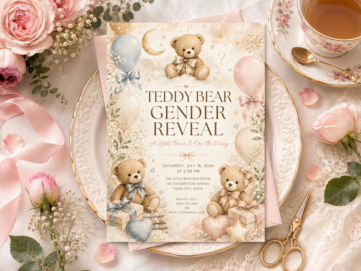 Printable teddy bear gender reveal invitation template featuring refined typography, teddy bears, balloons, gift boxes and delicate floral decoration in neutral tones.