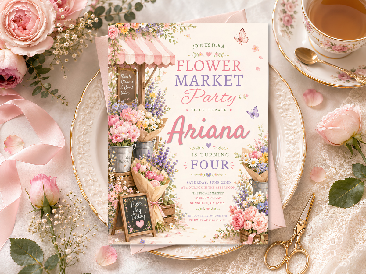Flower Market invitation template shown inside Canva's editing interface