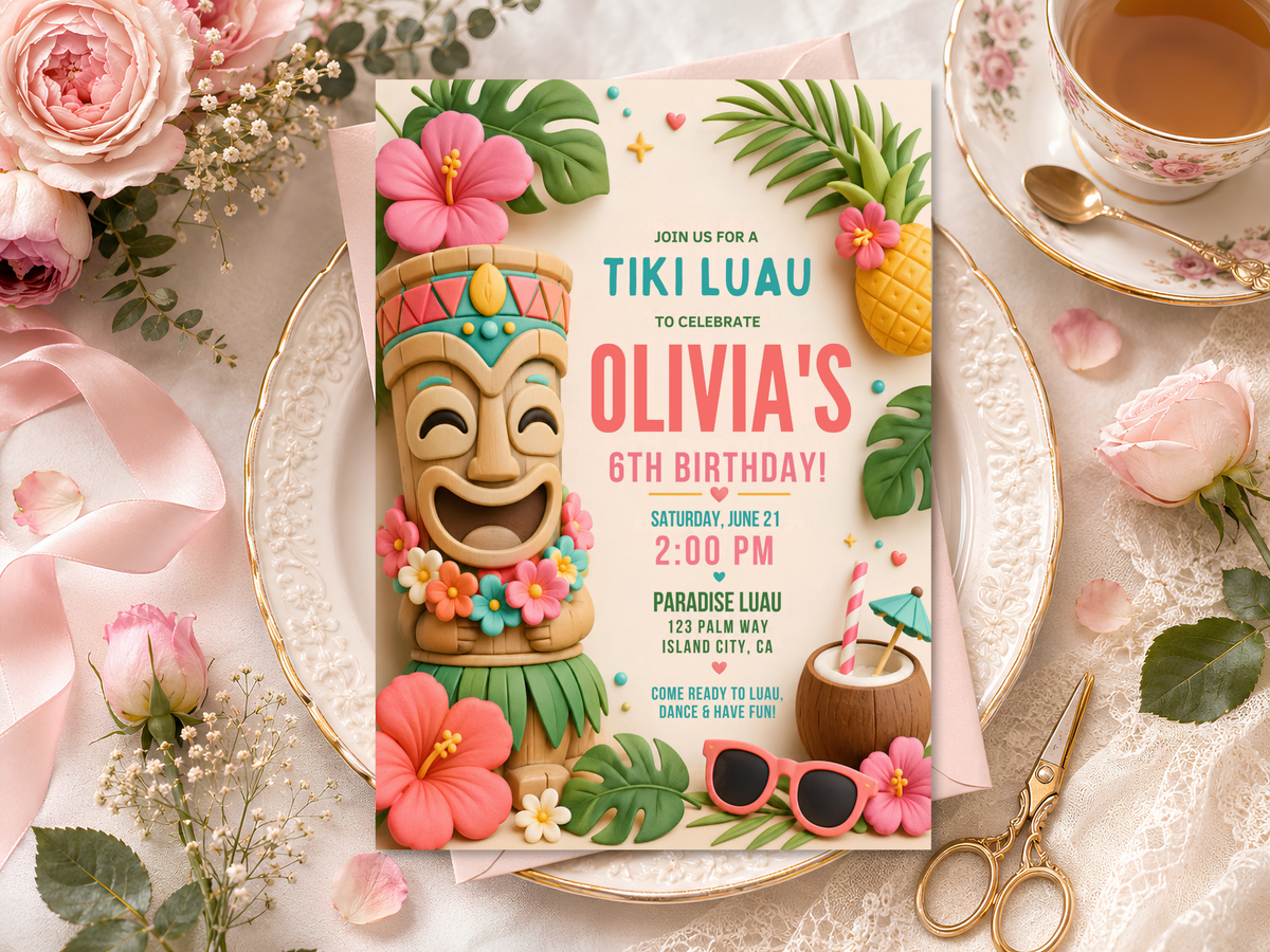 Colorful tropical birthday invitation template with tiki luau motifs, hibiscus blossoms and island fruit accents designed for a fun birthday celebration.