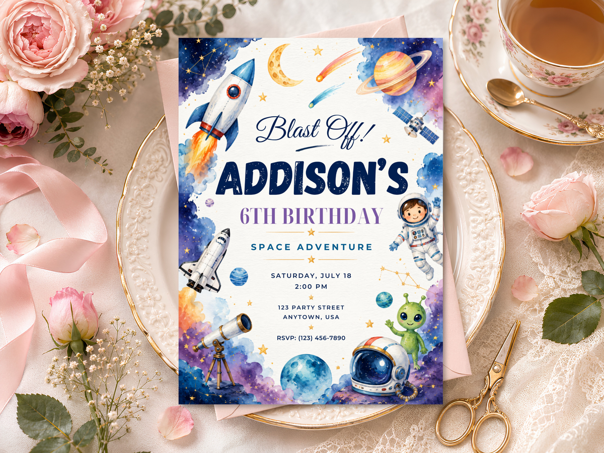 Kids rocket birthday invitation template featuring a colorful watercolor space scene with planets, stars, rockets, and astronaut details