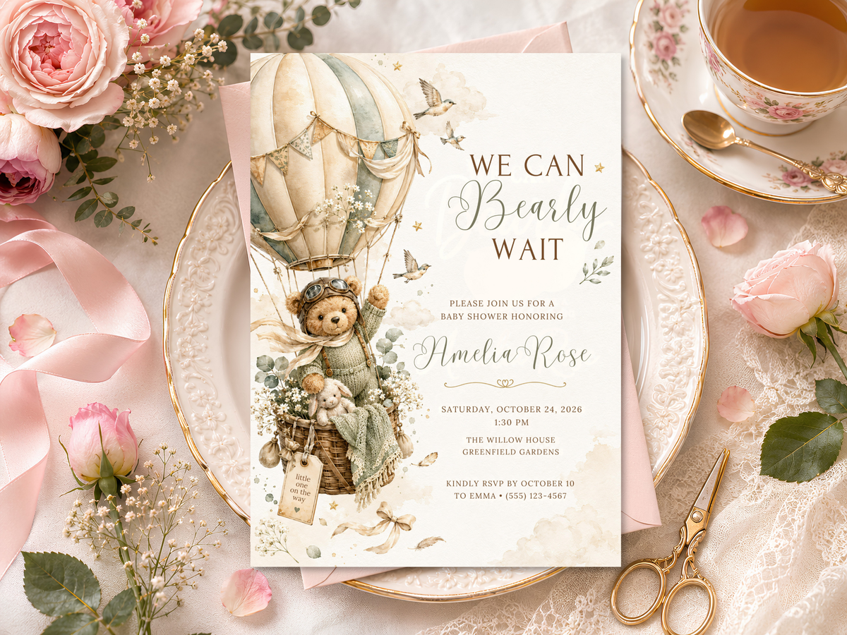 Baby shower invitation featuring a teddy bear and watercolor balloon theme with refined neutral styling and decorative botanical accents