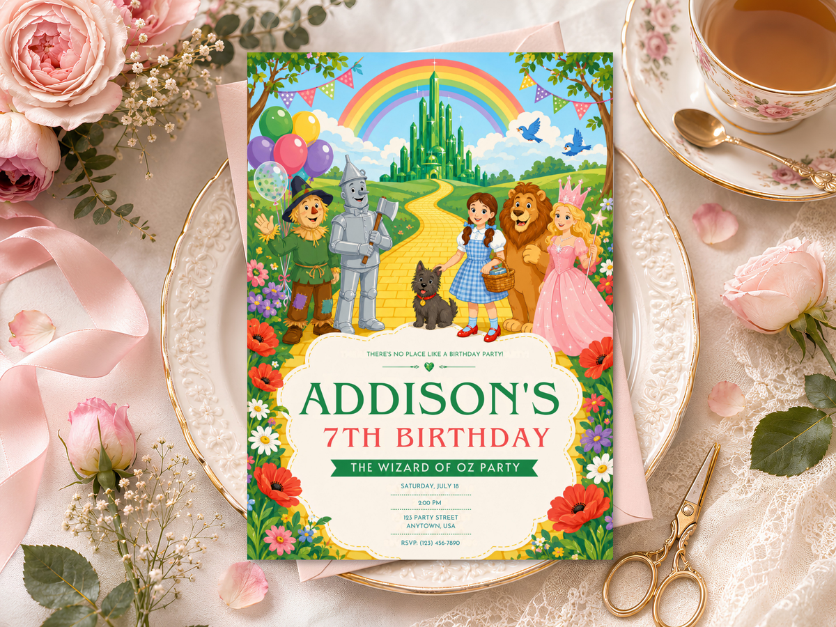 Wizard of Oz birthday invite artwork featuring Dorothy, Toto, the yellow brick road and Emerald City in a colorful scene