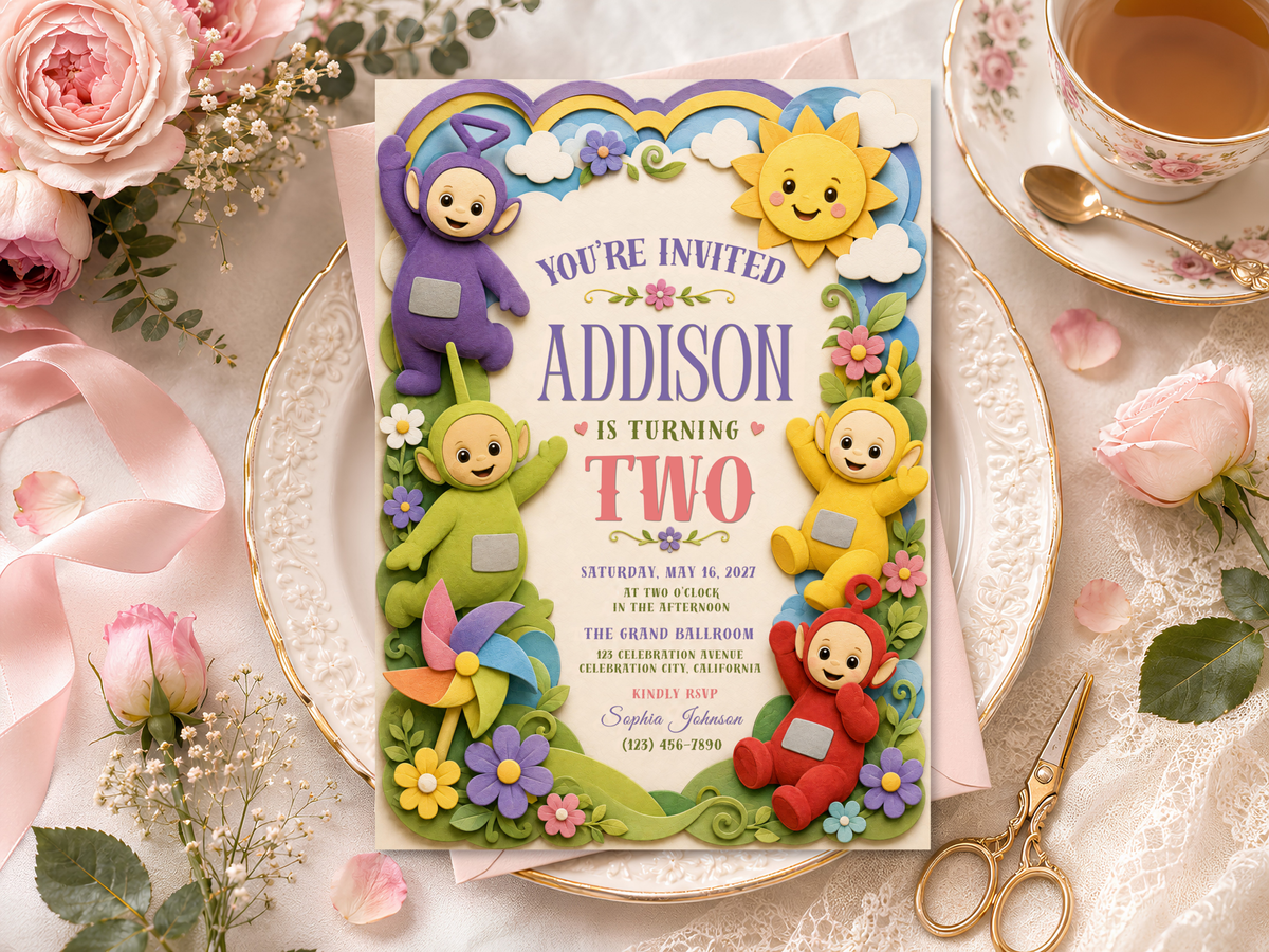 Teletubbies themed birthday party invitation shown as colorful digital stationery with playful characters, rainbow, flowers, clouds, and cheerful kids celebration details.