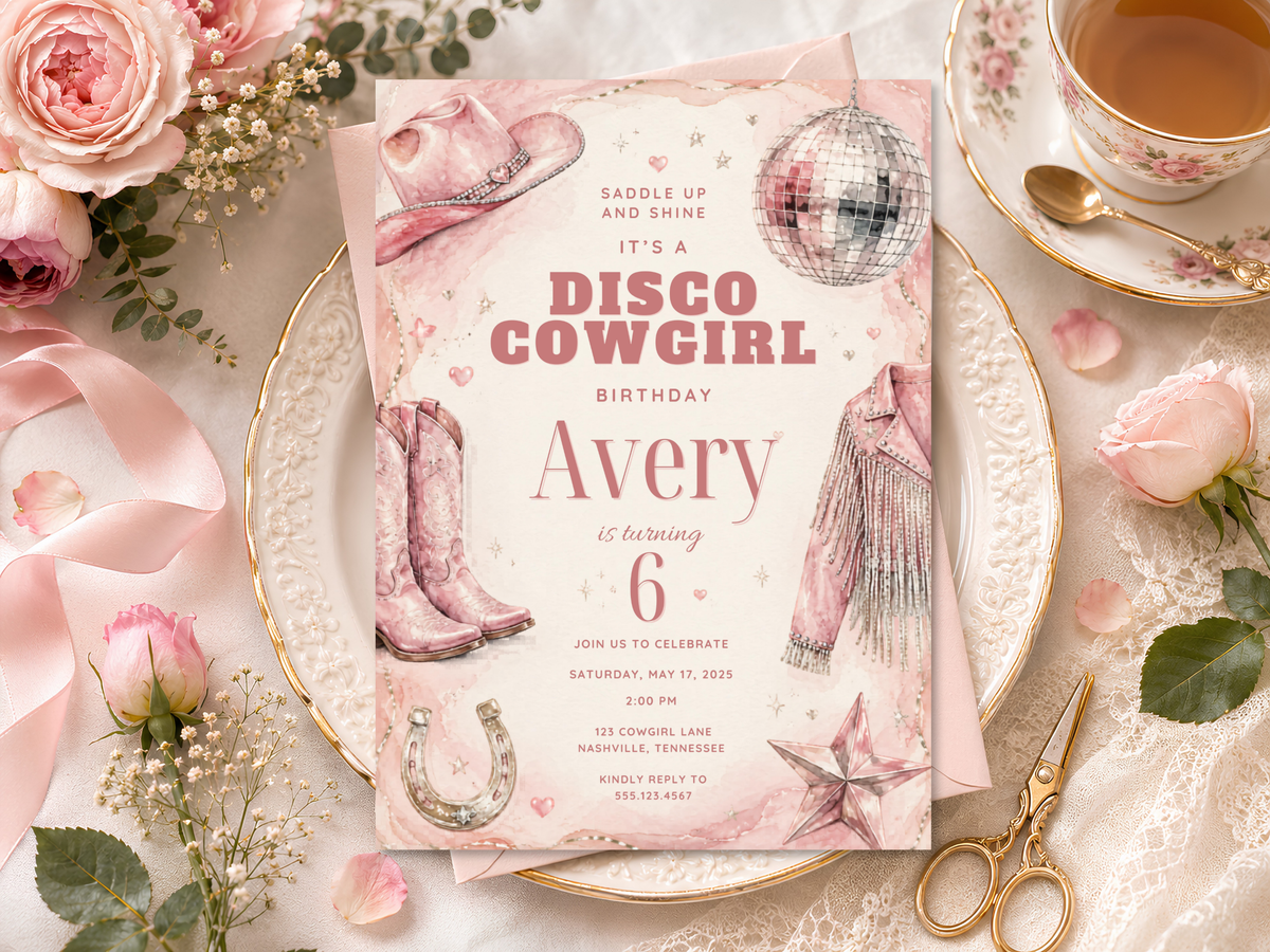 Editable pink western birthday invitation featuring cowgirl motifs, disco sparkle and a playful retro country party aesthetic