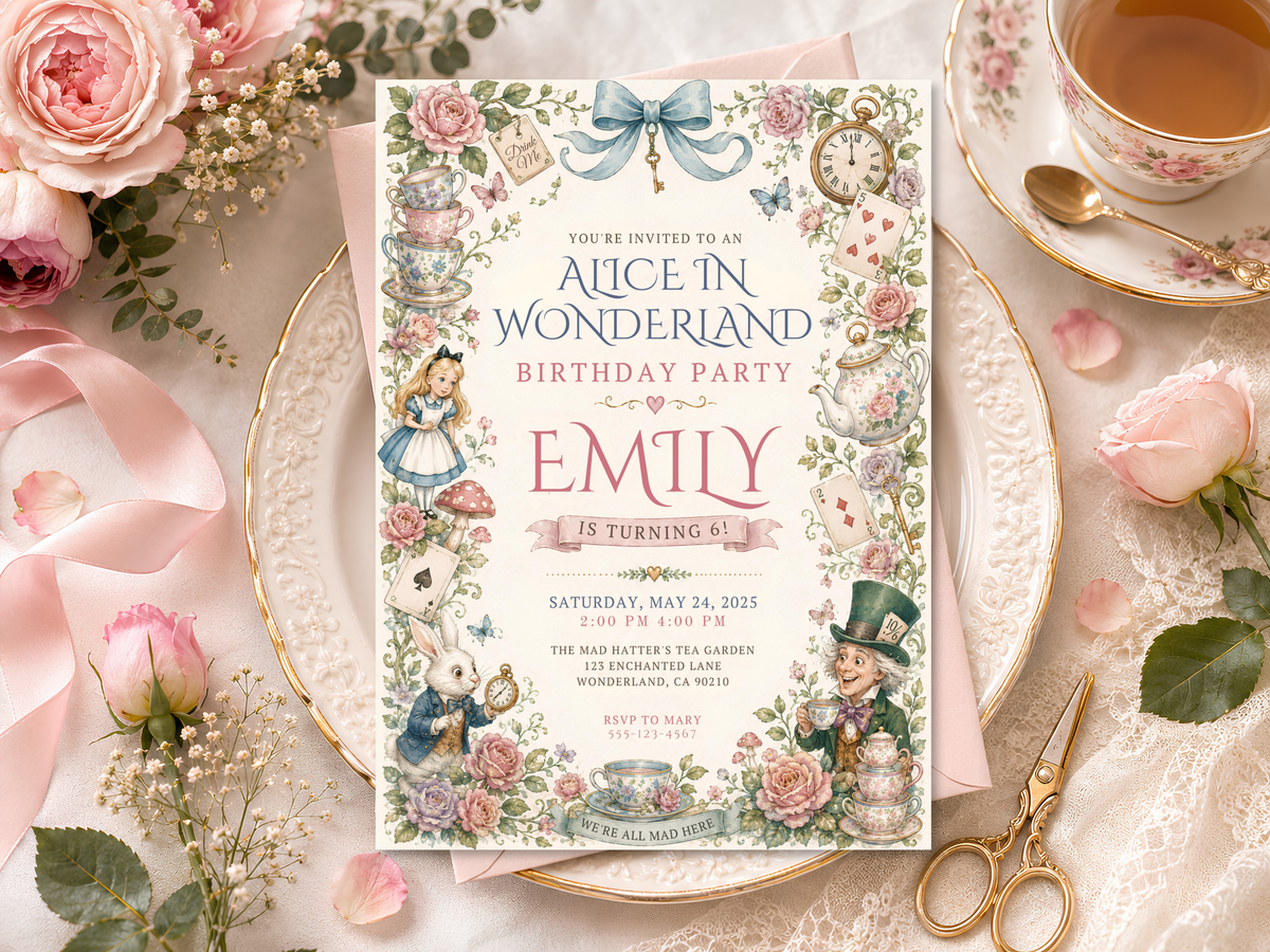 Alice in Wonderland birthday invitation template featuring Alice, White Rabbit, Mad Hatter, teacups, roses, cards and pocket watch in a vintage style