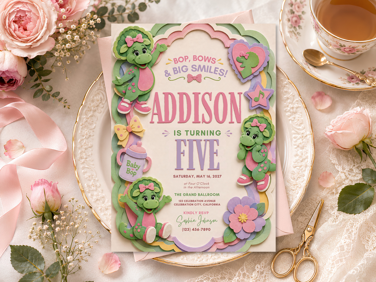 Baby Bop birthday invitation template product image 11 featuring green dinosaur characters, pink bows, pastel colors, floral details, stars, and playful birthday styling.