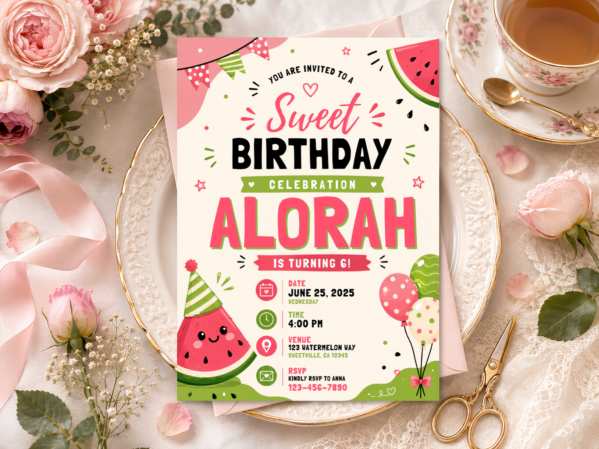 Cheerful watermelon birthday invitation artwork with red and green fruit colors, balloons, confetti, and kids party motifs