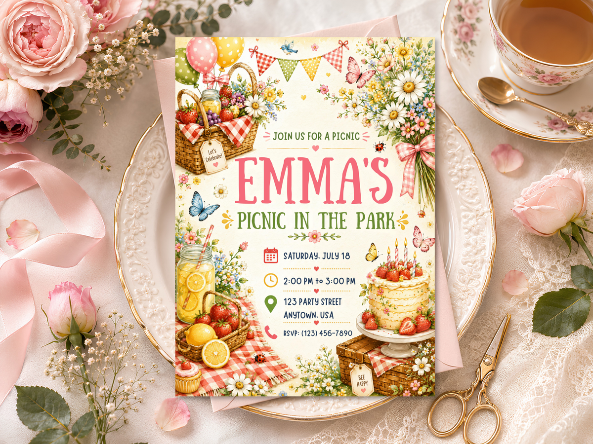 Outdoor birthday invitation template inspired by a picnic in the park, with hand-painted flowers, daisies, butterflies, balloons, cake and colorful garden details.