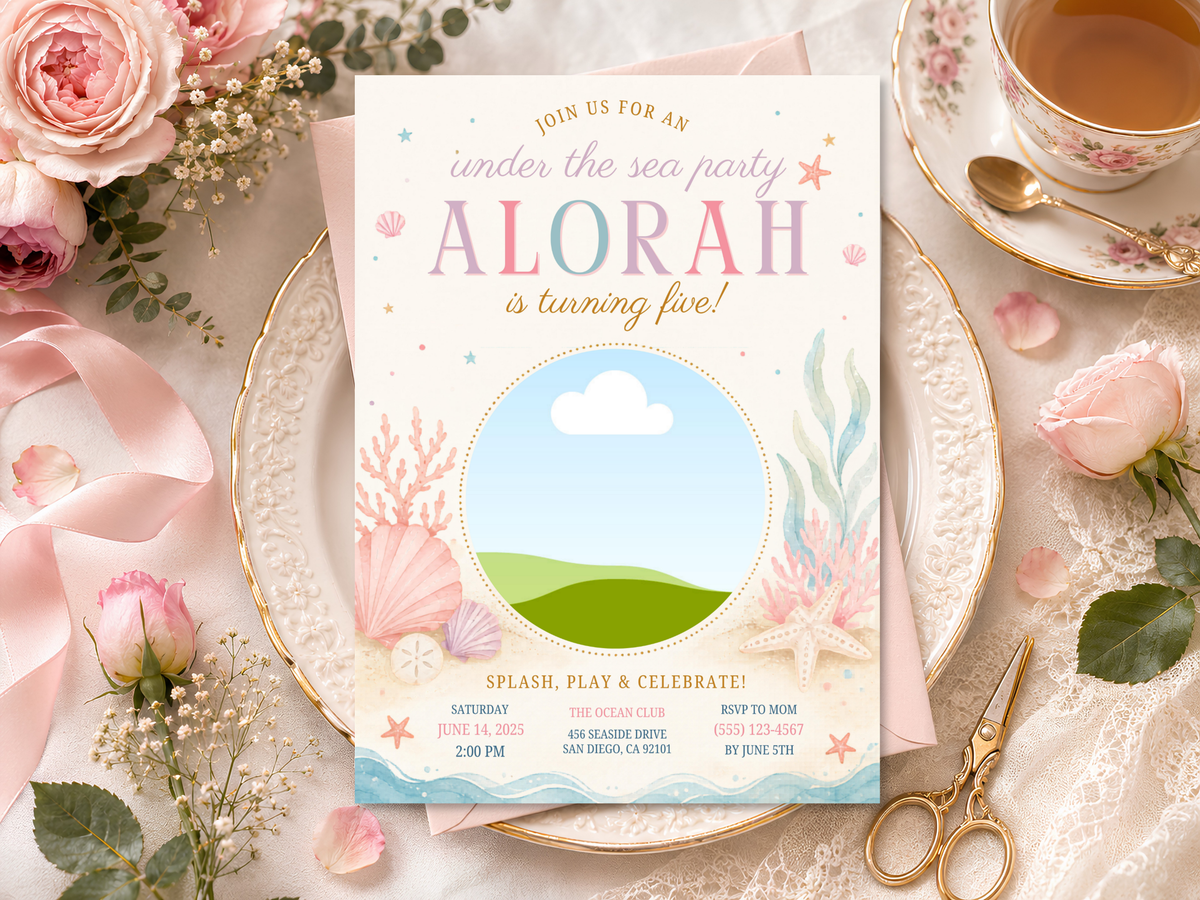 Under the Sea children's birthday invite with whimsical pastel ocean artwork, coral and shell-inspired motifs, and elegant decorative text.