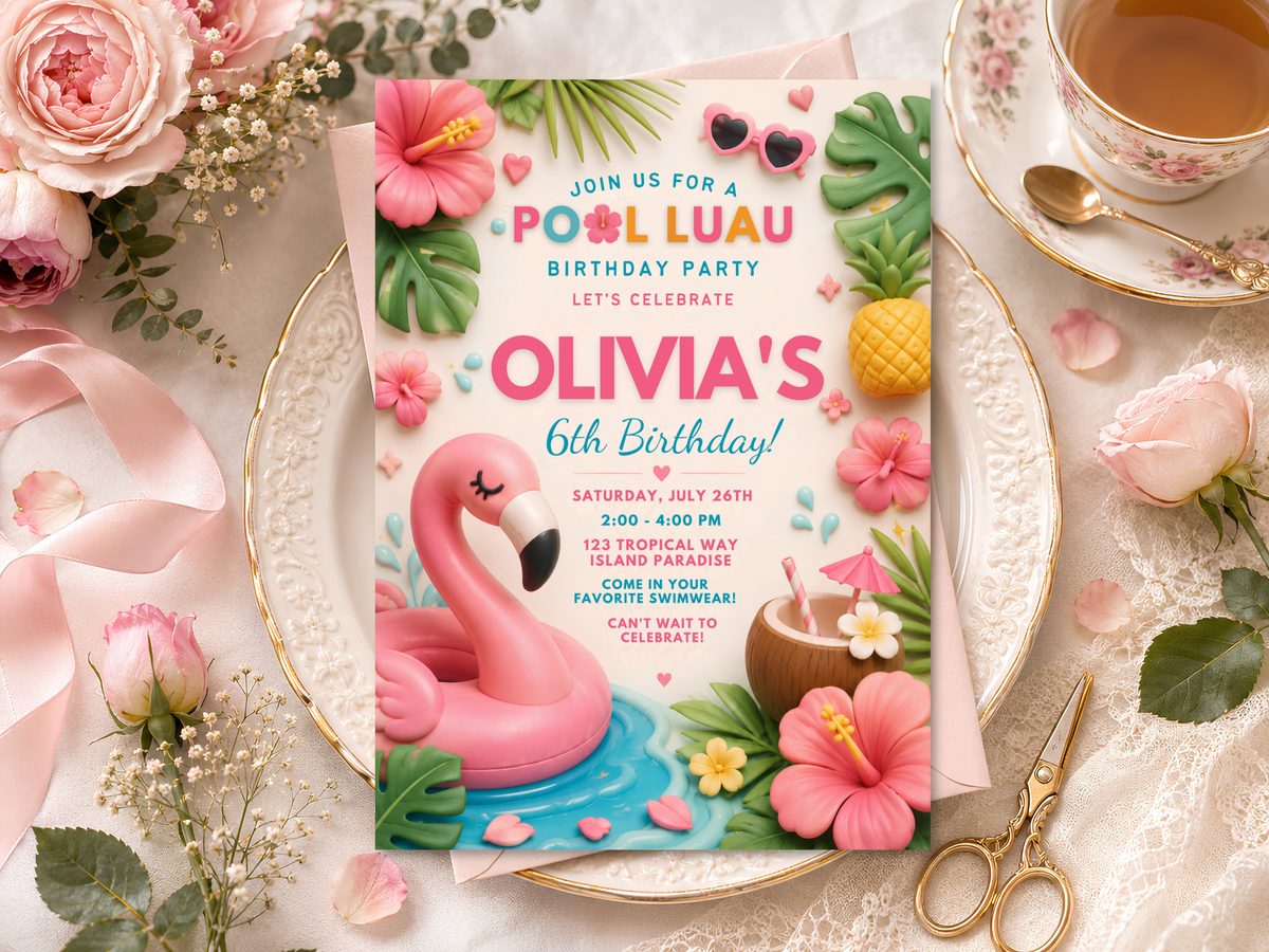 Editable tropical luau birthday invitation artwork in a colorful portrait 5x7 layout