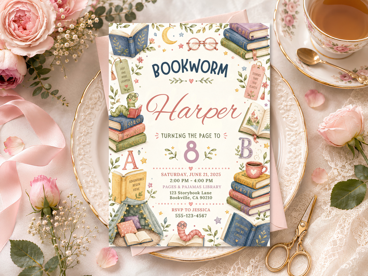 Storytime birthday invitation template featuring books, reading glasses, leafy accents, alphabet letters, and a whimsical cozy reading theme.