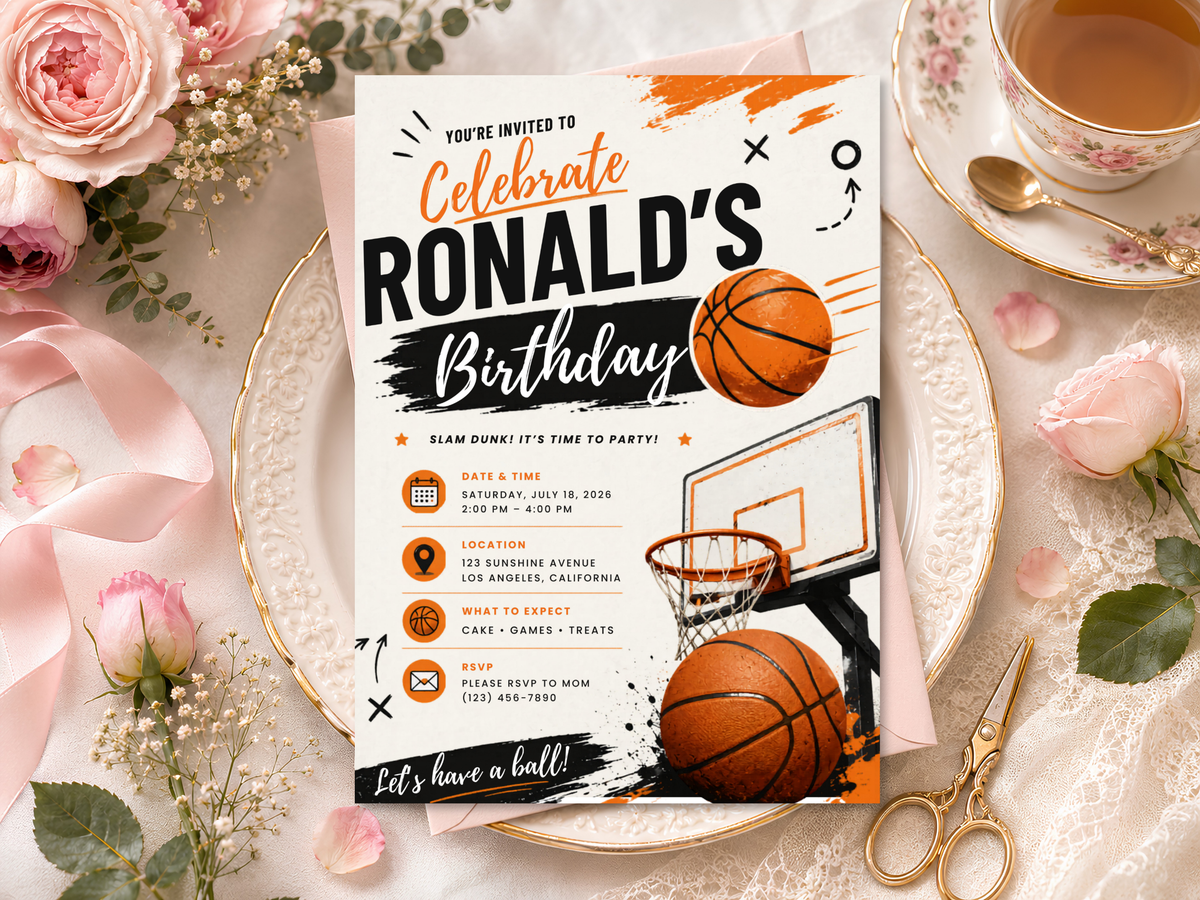 Printable basketball birthday invitation design with orange basketball graphics, black typography, white brush strokes, and RSVP details.