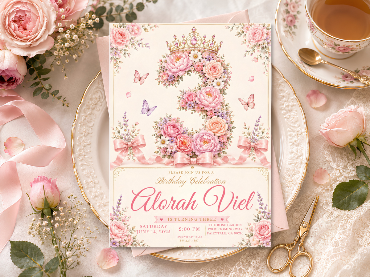Digital princess birthday invitation artwork featuring a jeweled crown, layered pink flowers, butterflies, and elegant script.