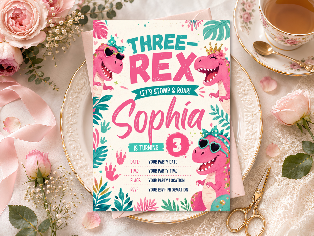 Three Rex birthday template with cheerful dinosaur artwork, teal greenery and colorful party details