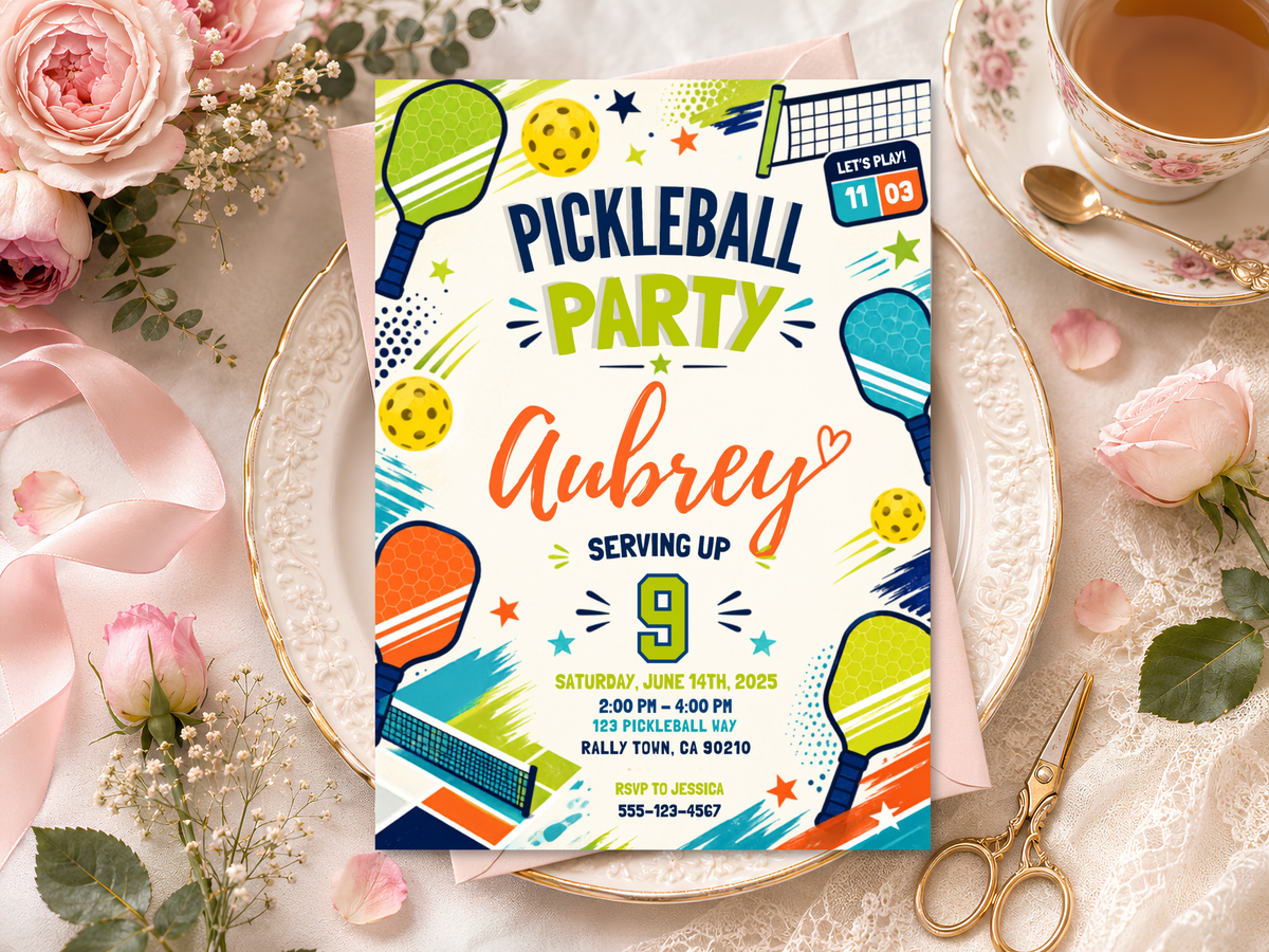Pickleball party invitation template with colorful paddle graphics, yellow pickleballs, teal and blue accents, and bold celebration text.