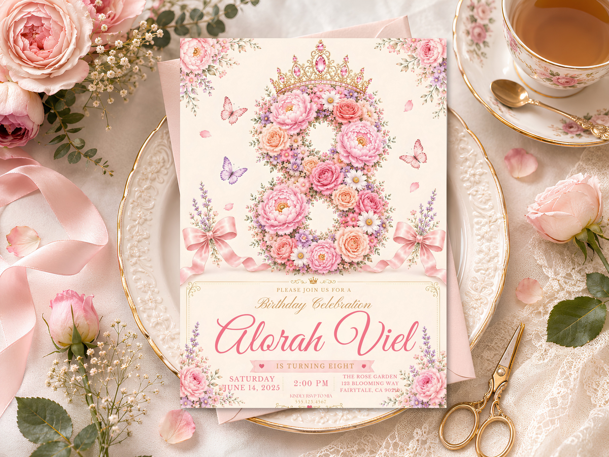 Romantic floral butterfly birthday invite featuring pink roses, peach and lavender flowers, butterfly motifs, botanical accents, and polished celebration typography.
