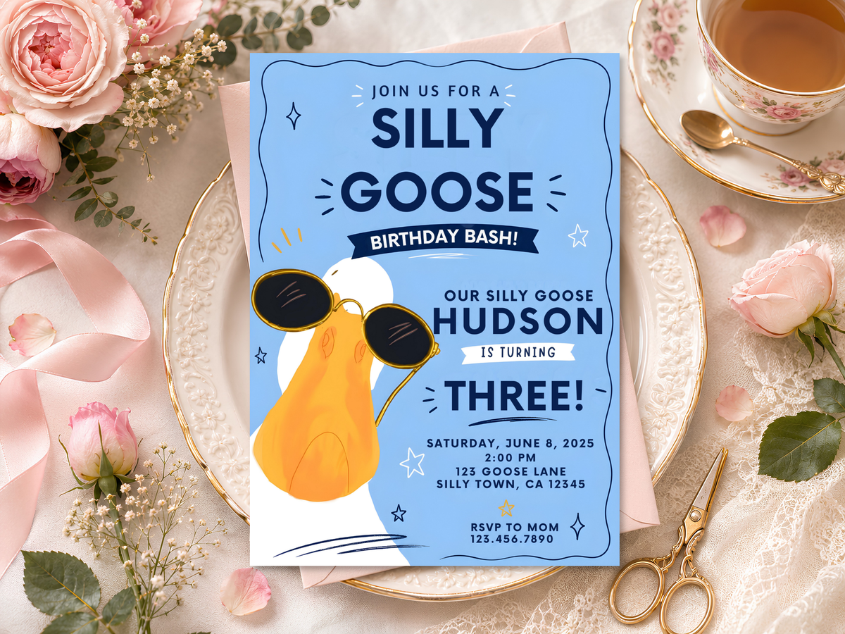 Silly Goose kids birthday invite artwork featuring an orange goose character, bright blue backdrop, navy type, white stars, and yellow hand-drawn accents.