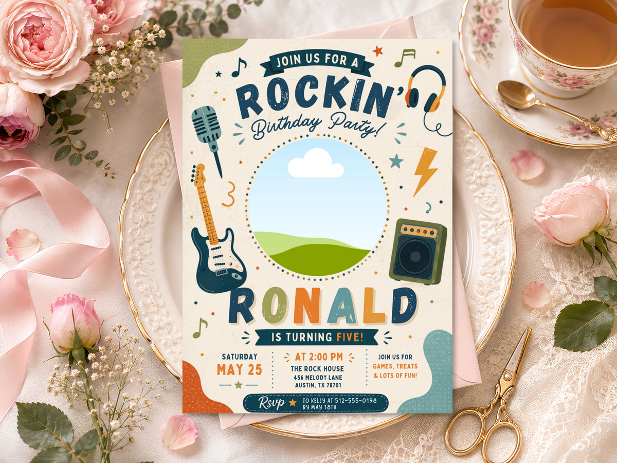 Vertical 5 by 7 rock birthday invitation design with cream background, navy typography, orange accents and playful concert graphics.