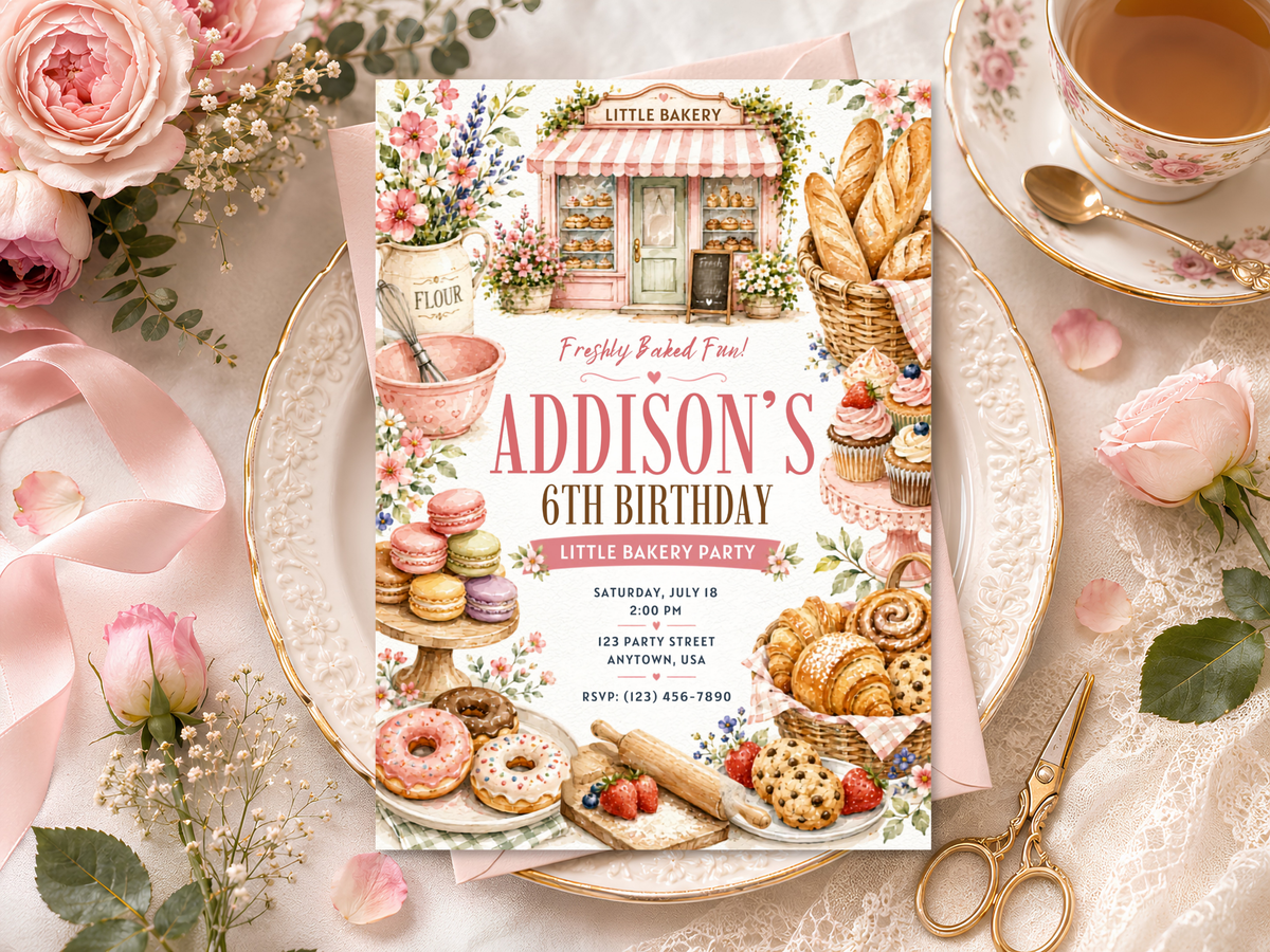 Sweet shop birthday invitation design combining a bakery storefront, flowers and assorted pastries in a charming watercolor illustration.