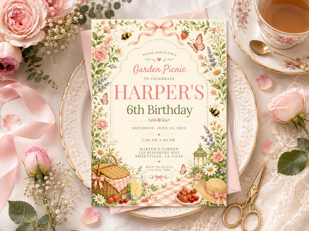 Editable Garden Picnic birthday invitation artwork with floral wreath details, picnic elements, strawberries and a soft pink ribbon.