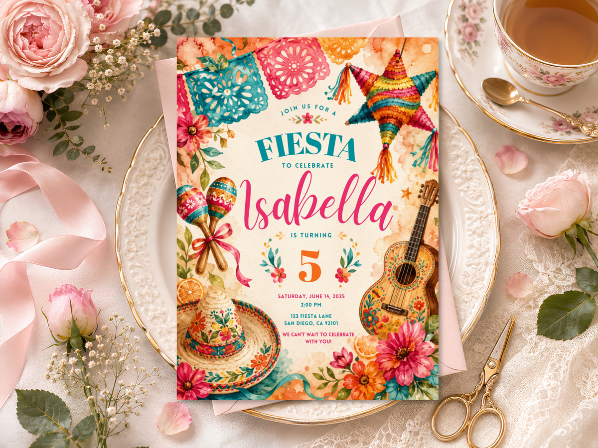 Festive Fiesta birthday invitation artwork featuring colorful papel picado, sombrero, maracas, piñata, flowers and citrus accents.