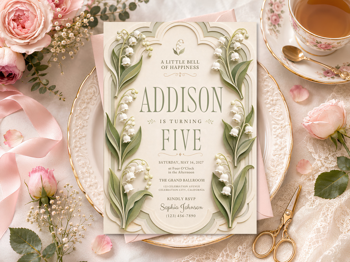 Lily of the Valley birthday invitation artwork with white bell flowers, green foliage, elegant serif typography, and a refined botanical celebration aesthetic.