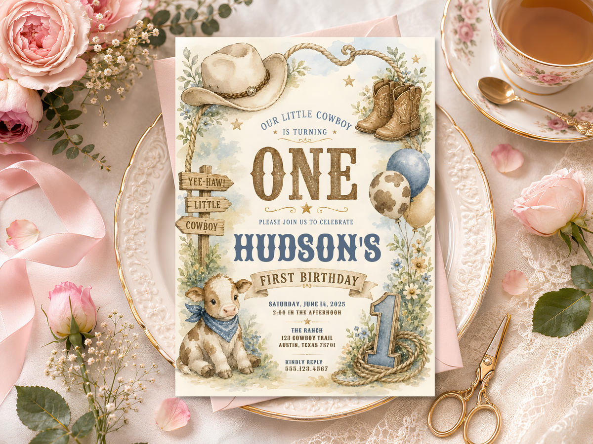 Little cowboy western birthday invitation with vintage-inspired typography, warm neutral colors, blue balloons and ranch-themed artwork.