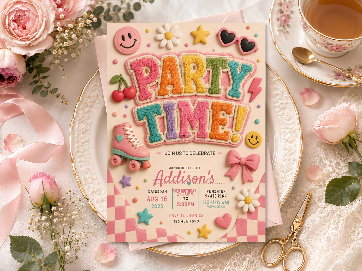 Colorful kids birthday invitation artwork in a retro roller skate style with textured lettering, checkerboard accents, hearts, stars, and confetti.